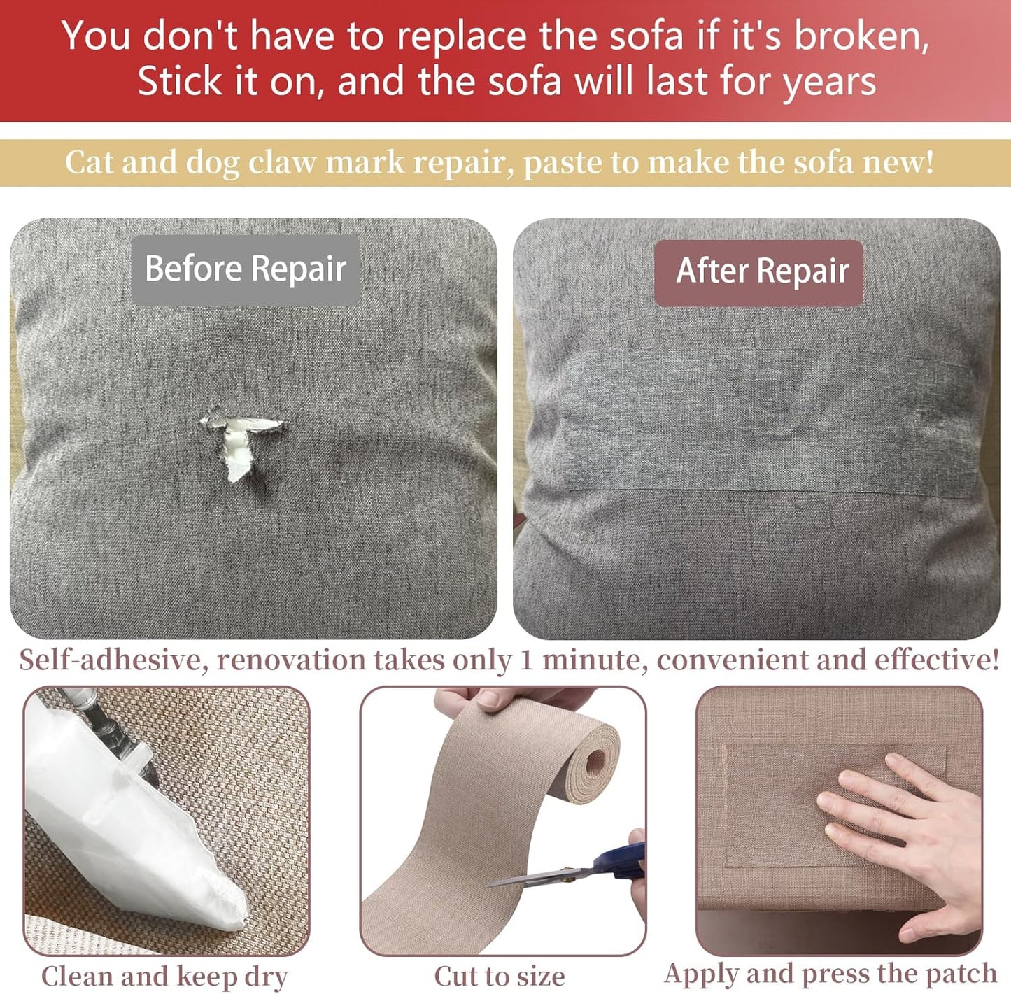 Linen Repair Tape 4x70 Inch Self-Adhesive Couch Patch Repair Fabric Patch for Furniture,Sofas,Cushion,Chairs,Bags,Linen Goods(Off-White)