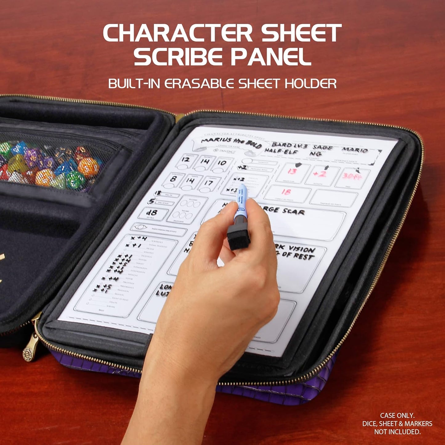 ENHANCE RPG Organizer Case - DnD Binder with Built-in Character Sheet Holder and Erasable Scribe Panel, Dice Rolling Area, Removable Pen Pouch, Miniature Foam Tray, Wrist Strap