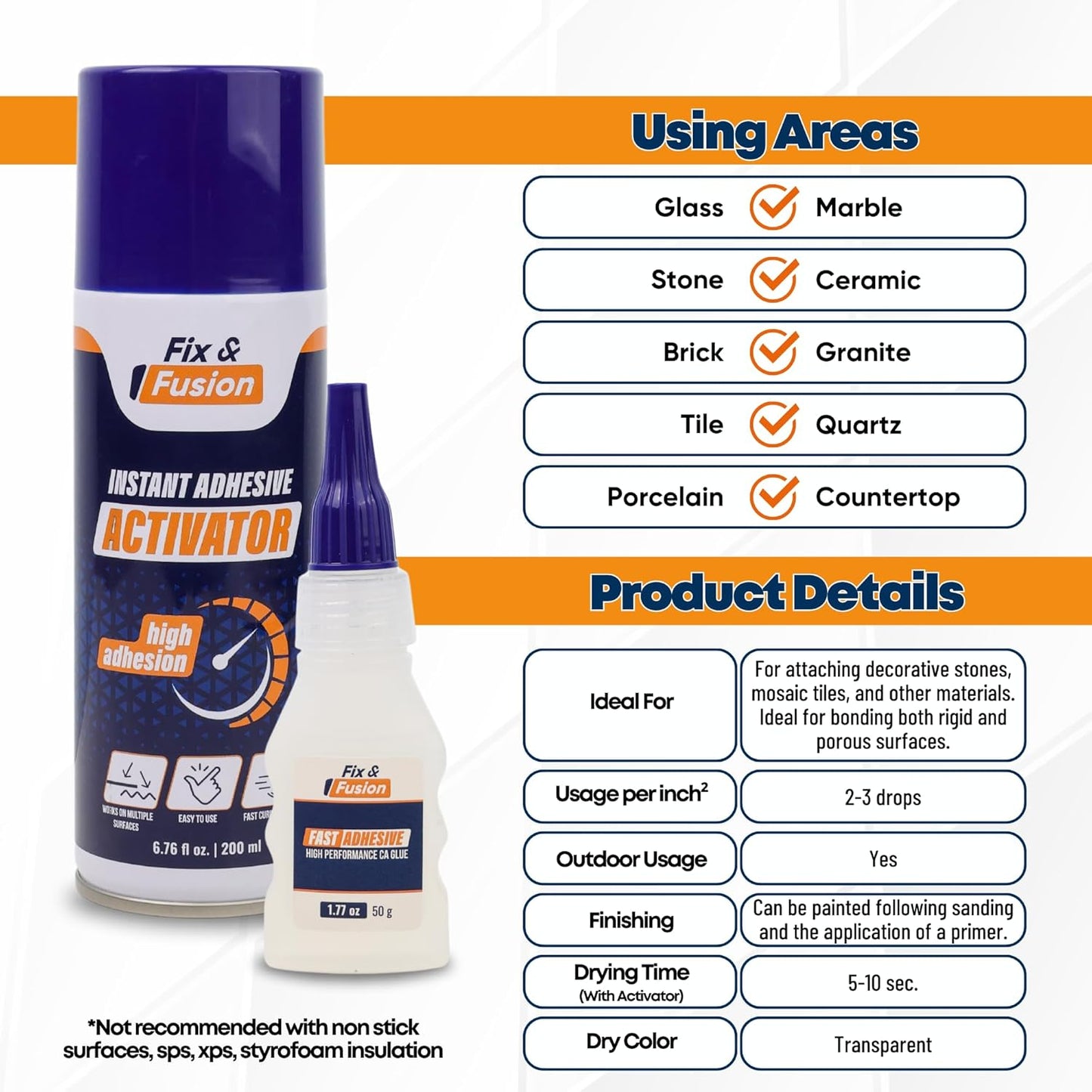 FIX & FUSION Ca Super Glue (1.77 Oz) with Activator Spray (6.76 Fl Oz) Set, Fast Adhesive/Cyanoacrylate Glue & Instant Activator for Woodworking, Plastic, Rubber, Granite, DIY & Industrial, (1 Pack)
