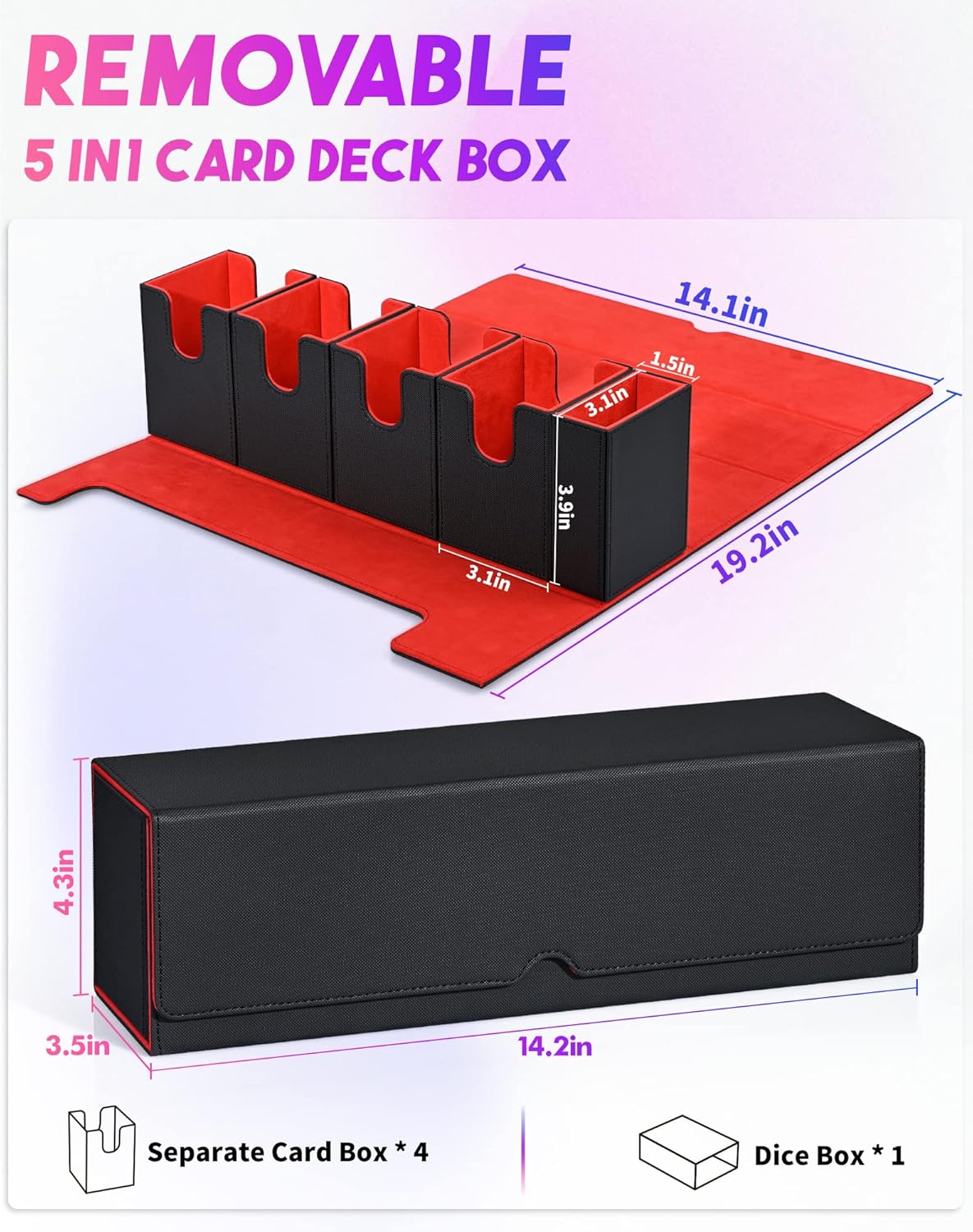 Card Deck Box with Dice Tray for MTG, 5 in 1 Card Deck Case Holds 800+ Unsleeved Cards, Strong Magnet Organizer Compatible with Yugioh TCG Sports Cards (Black Red)