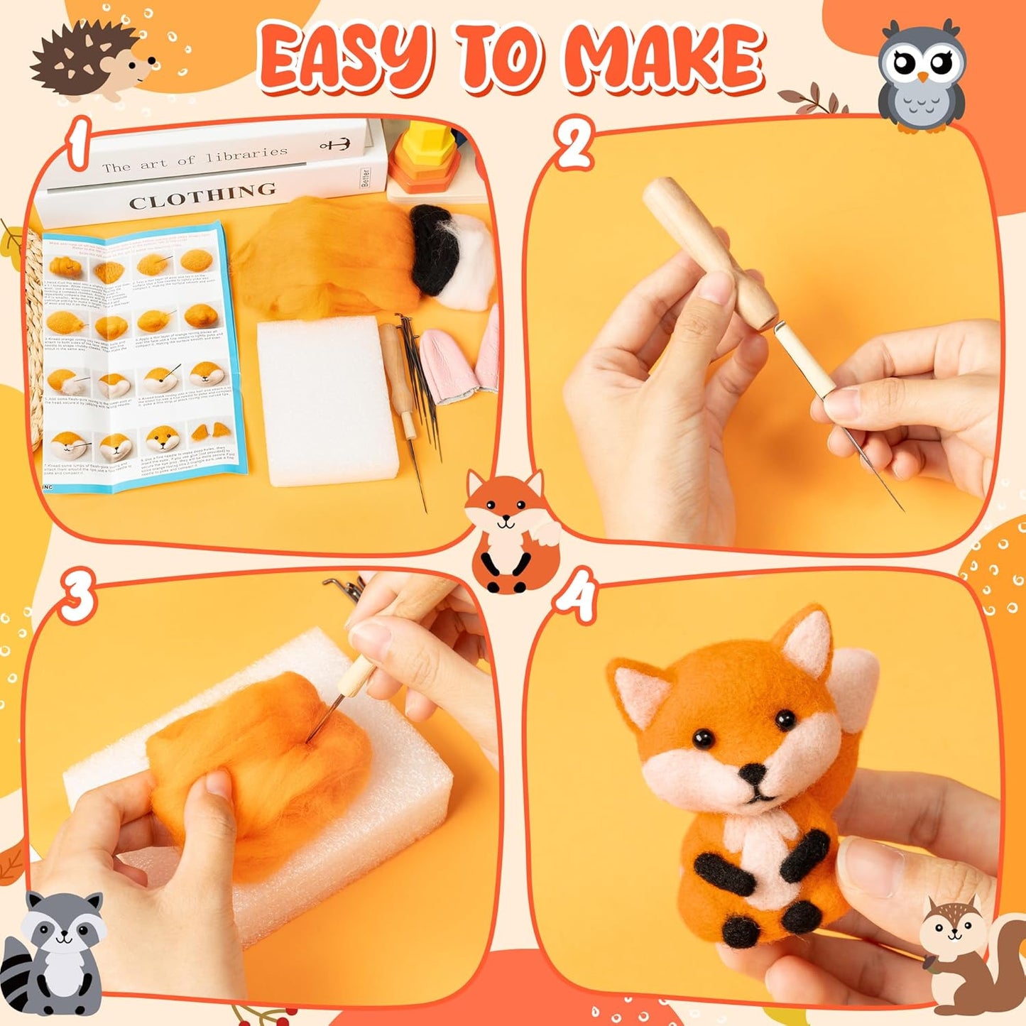 WATINC Needle Felting Kit - 5 Set Unique Different Cute Doll Wool Felt Needle Tools Foam Pad Instruction, DIY Home Decoration Craft Party Supplies for Art Work Starter Beginners (Woodland Animal)