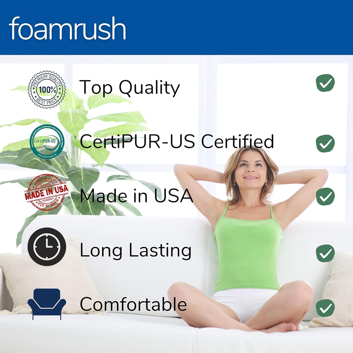 FoamRush 6" x 24" x 24" Gel Memory Foam Upholstery Square Cushion Medium Firm (Chair & Wheelchair Seat Cushion Replacement, Square Foam Dining Chairs, Couch, Sofa, Rubber Padding)