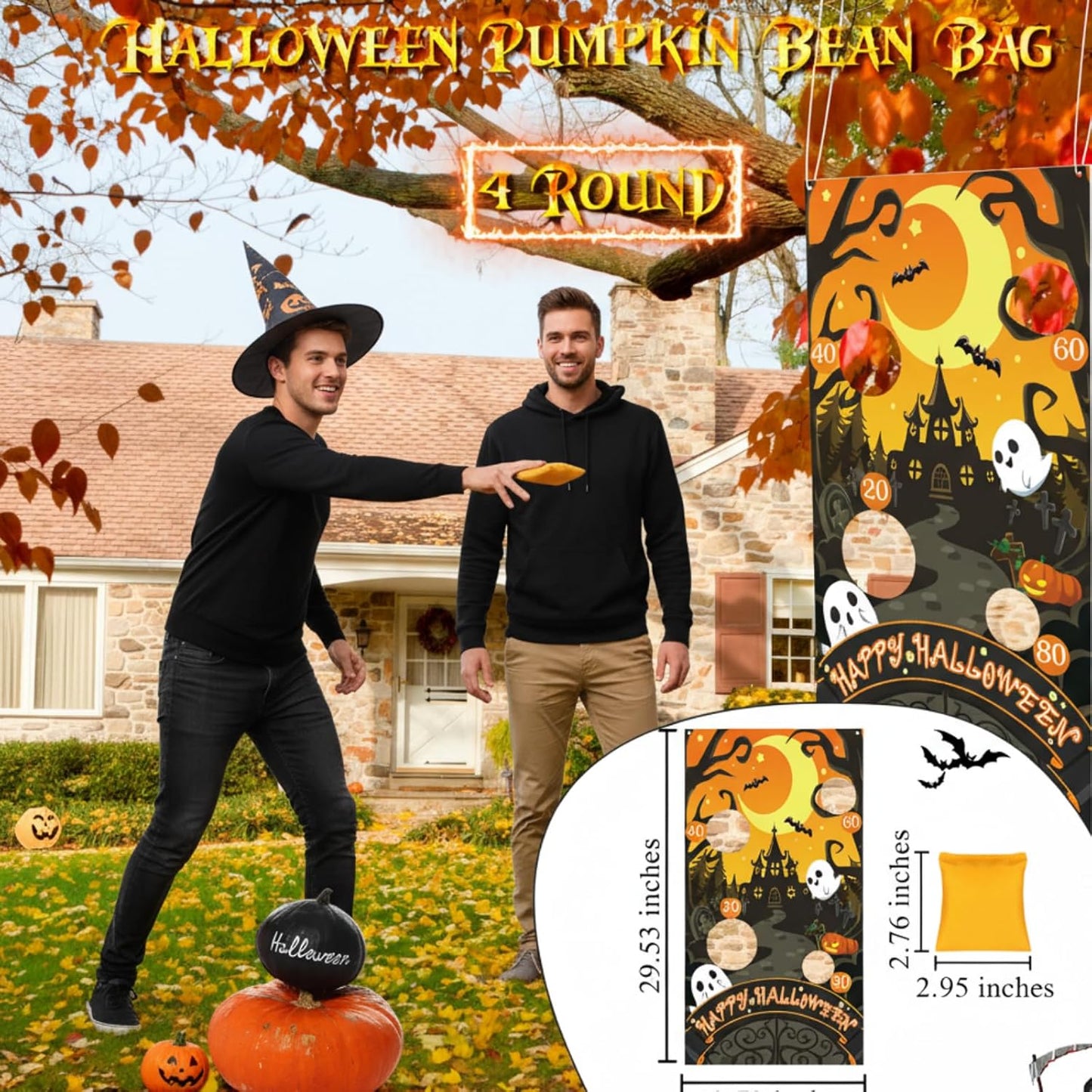 Hiboom 33 Pcs Halloween Party Supplies for Adults, Halloween Decoration Include Potato Sack Race Bags Bean Bag Toss Supply 3 Legged Race, Egg Spoon, Inflatable Spider Ring Toss