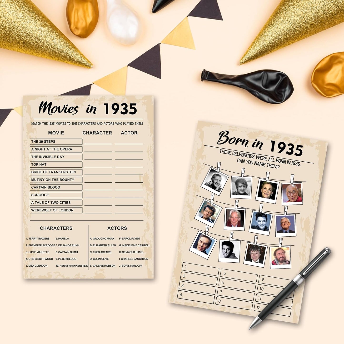 90th Birthday Party Games, Set of 5 Activities for 10 Guests, Born in 1935 Games Bundle, Birthday Party Supplies for Adults, Pack of 50 Cards