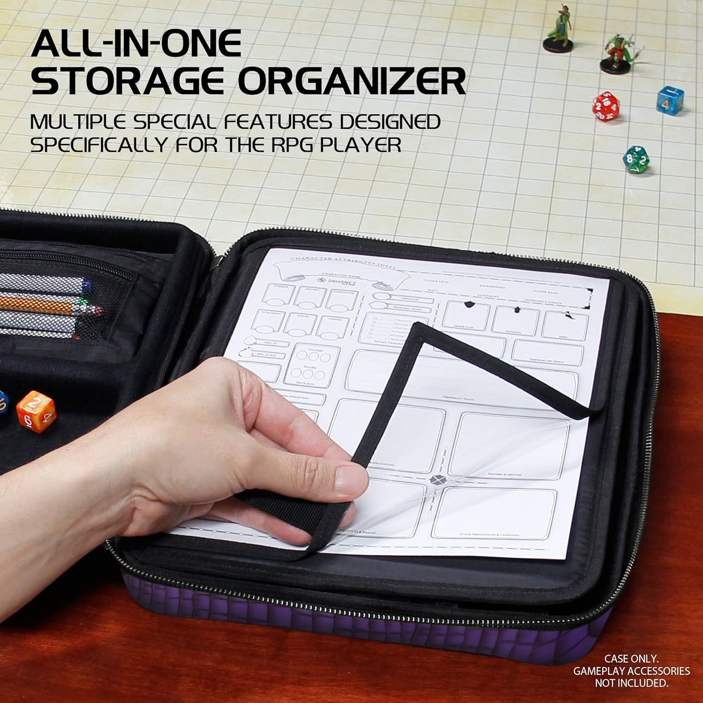 ENHANCE RPG Organizer Case - DnD Binder with Built-in Character Sheet Holder and Erasable Scribe Panel, Dice Rolling Area, Removable Pen Pouch, Miniature Foam Tray, Wrist Strap
