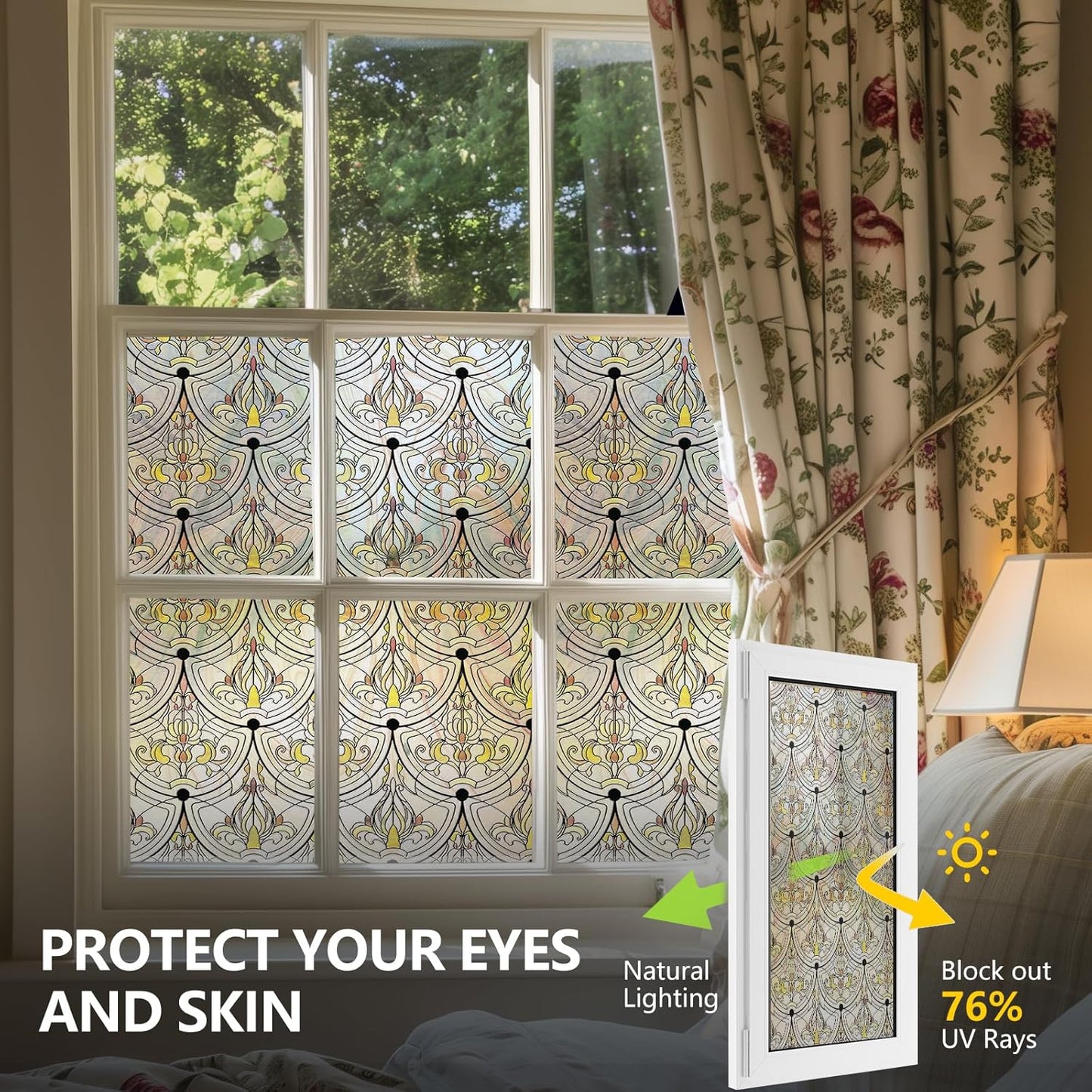 3D Stained Glass Window Film, Decorative Window Privacy Film for Bathroom,Front Door,Home, Sun Blocking Heat Control,Static Cling, Golden Ironwork 35.4inch x 78.7inch