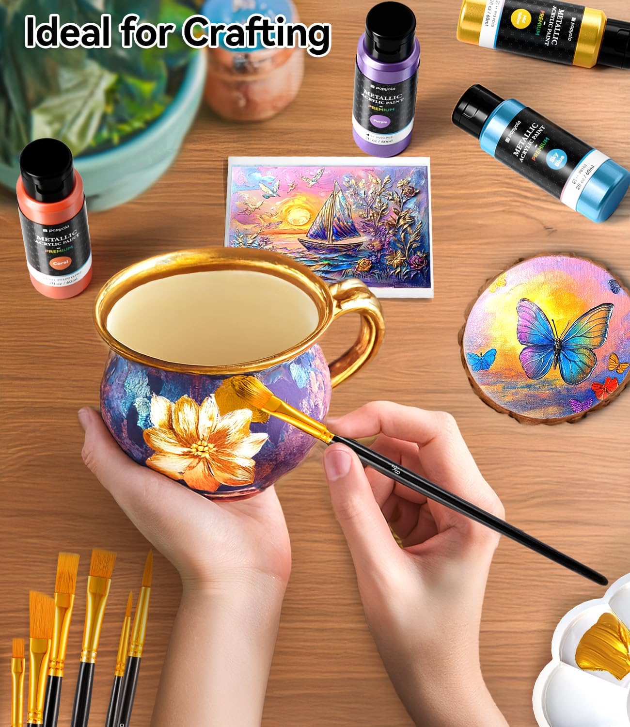 40 PCS Metallic Acrylic Paint Set with 12 Brushes, 2 Knives & Palette, 24 Colors (2oz/60ml) Art Craft Paint for Adults Kids Artists Beginners, Halloween Pumpkin Canvas Ceramic Rock Painting Kit