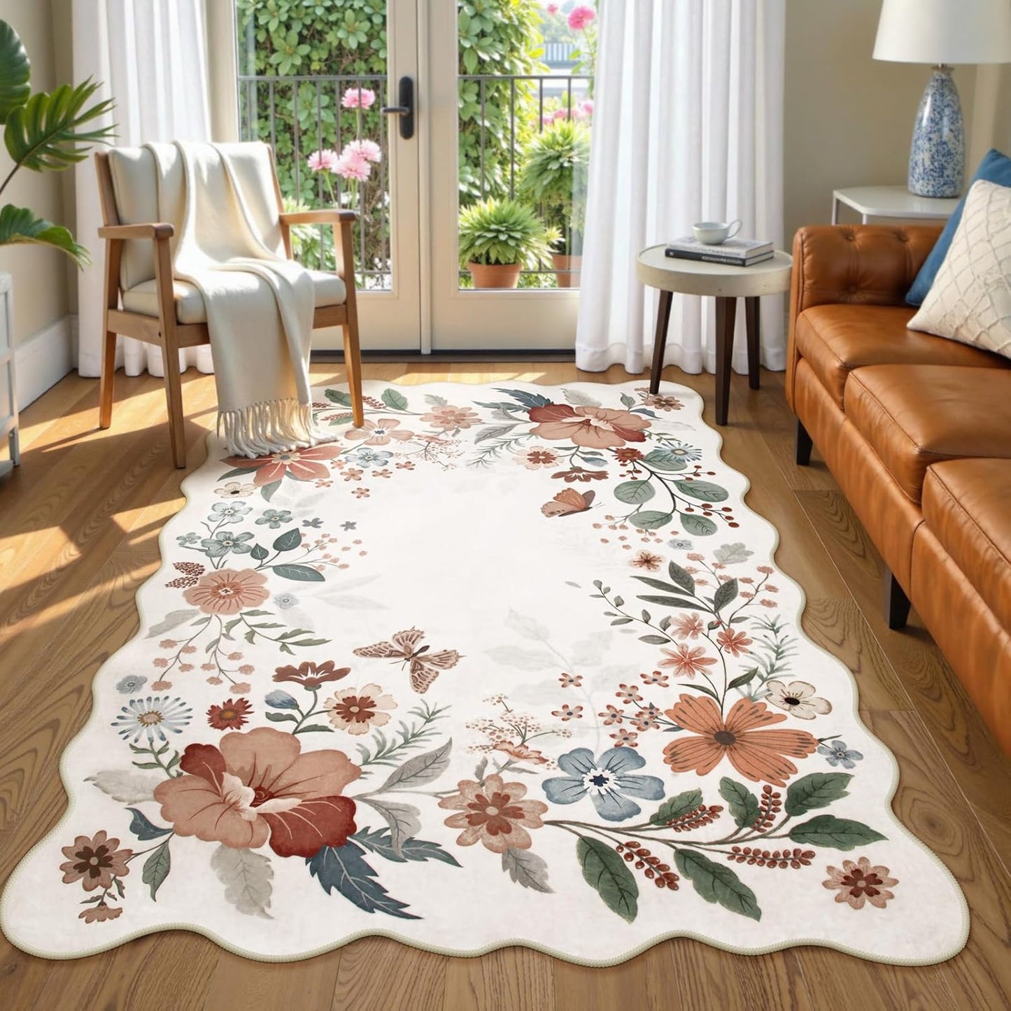 Beeiva 5 x 7 Area Rugs - Scalloped Floral Printed Beige Playroom Rug for Dorm Non Slip Washable Neutral Area Rug Soft Ultra-Thin Aesthetic Throw Carpet for Kids Room Nursery Living Room(Beige,5x7ft)