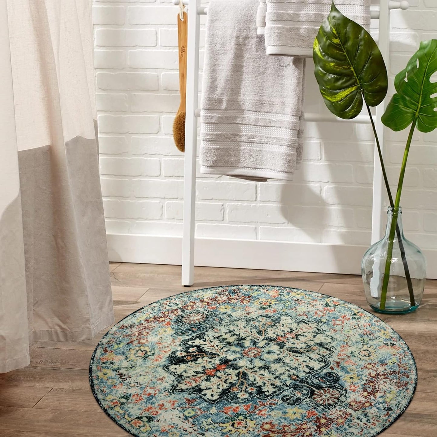 Lahome Bohemian Floral Medallion Round Rug - 3Ft Small Bedroom Round Area Rug Soft Bathroom Circle Mat, Teal Vintage Non Slip Machine Washable Entryway Carpet for Nursery Kitchen Family Room