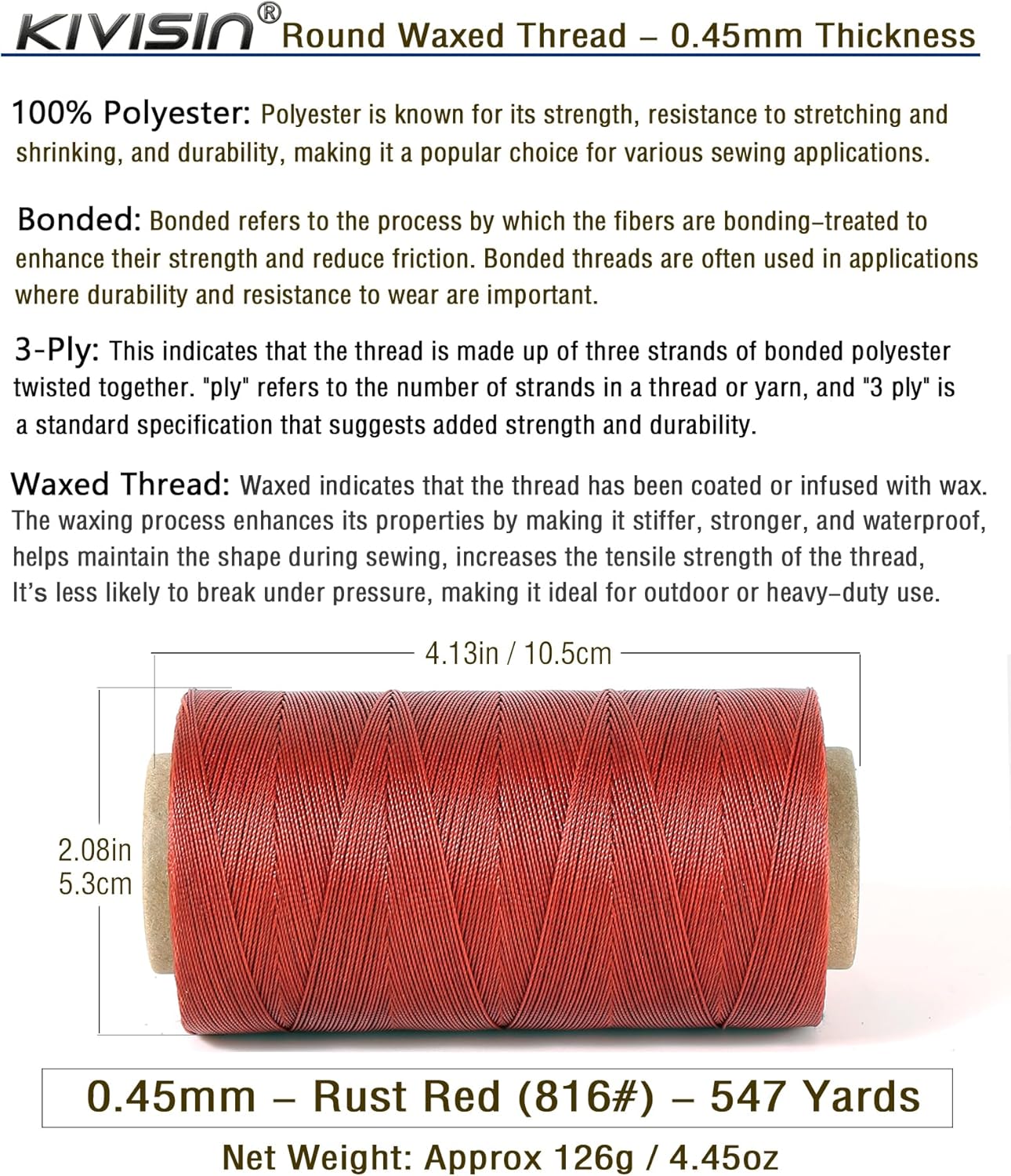 Thin Wax Polyester Thread, 0.45mm, 547 Yards, 3 Ply Round Waxed Cord Strings for Sewing, Beading, Binding, Micro Braiding, Fine Leather Craft and Micro Macrame Jewelry - Rust Red