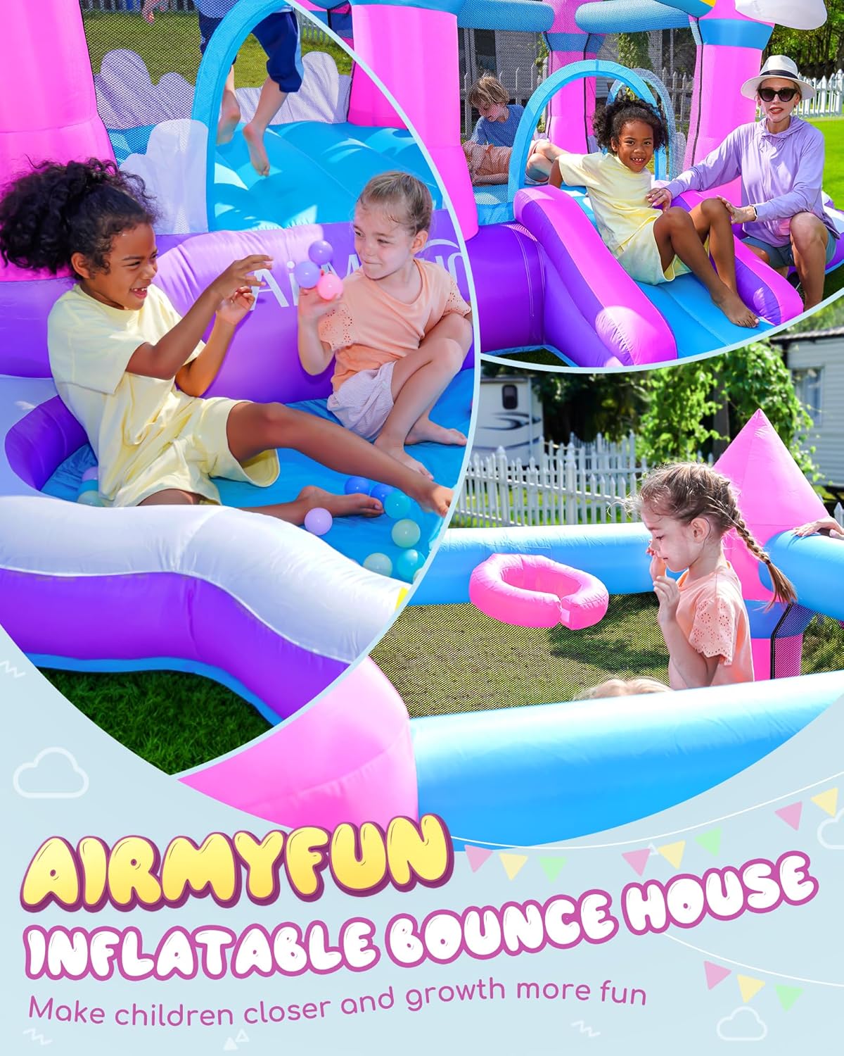 AirMyFun Pink Indoor/Outdoor Inflatable Bounce House for Kids 3-8 - Bouncy Castle with Slide, Blower, Water Pool & Ball Pit