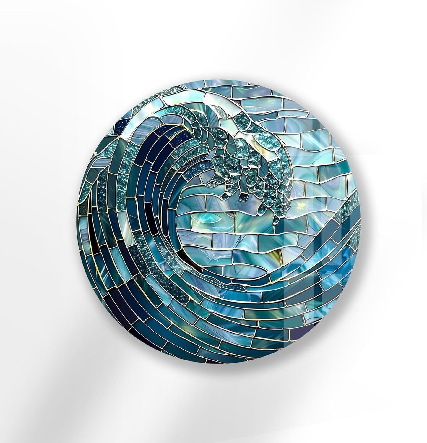 My Photostation.com 39,4''(100cm) Diameter Ocean Wave in Blue Mosaic Round Glass Wall Art Tempered Glass Printing Wall Decor Large Wall Art Wall Hangings
