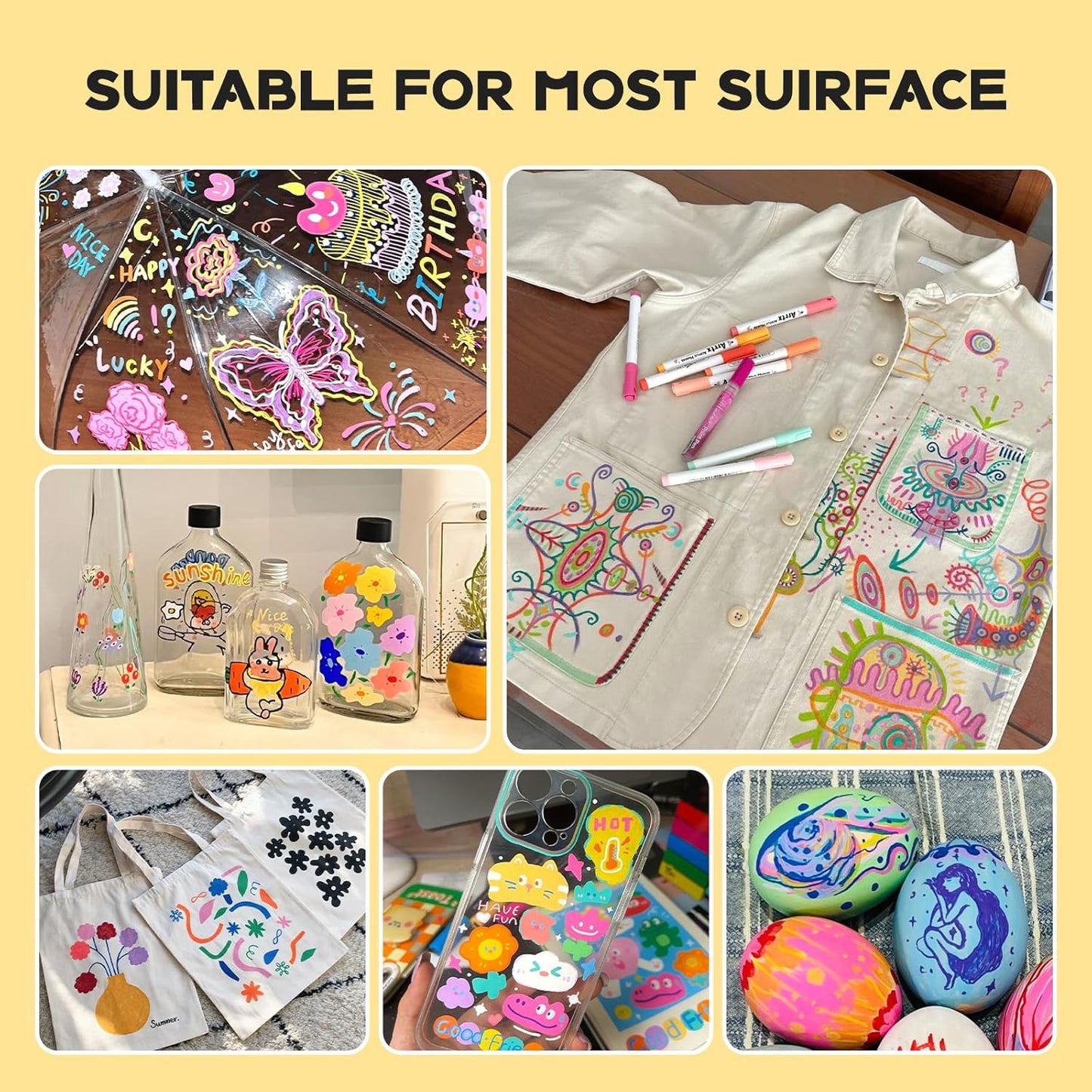 Arrtx 48 Colors Acrylic Marker, for Rock Painting, Extra Brush Tip Markers Paint Pens, Art Supplies, Fabric Paint, Art Markers, Waterproof Paint DIY Crafts Making& 48E