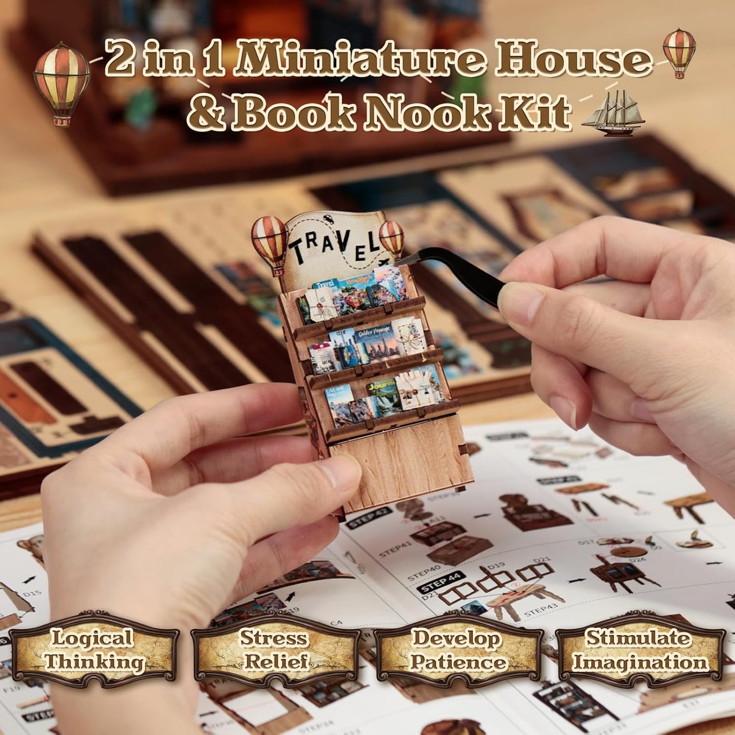 CUTEBEE Book Nook Kit - DIY Miniature House Dollhouse Kit for Adults and Teens, Booknook Tiny House Bookshelf Decor 3D Wooden Puzzle, Gifts for Family, Friends (Journey Trace Bookshop)