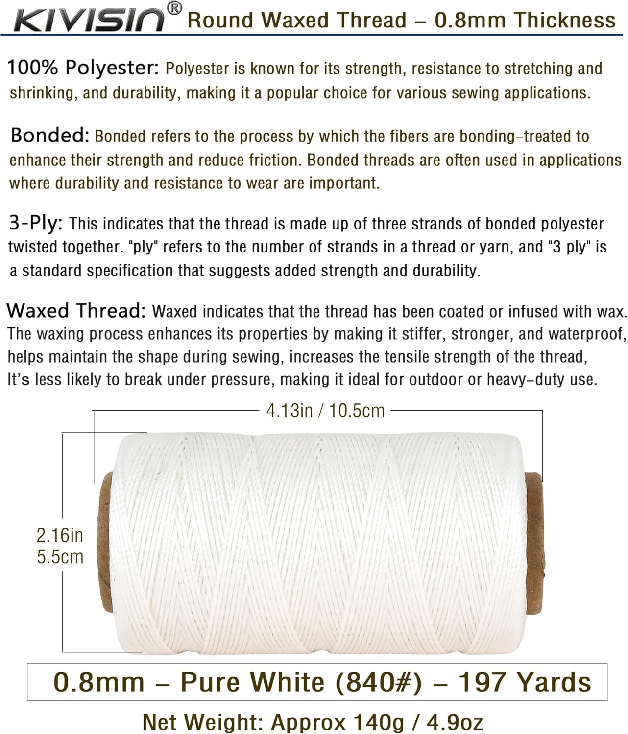 Bonded 0.8mm Round Waxed Polyester Cord, 3-ply Wax Coated Thread, 197 Yards Stiff String for Heavy Duty Fabric, Leather Sewing, Book Binding, Upholstery Repair, and Macrame Jewelry - White