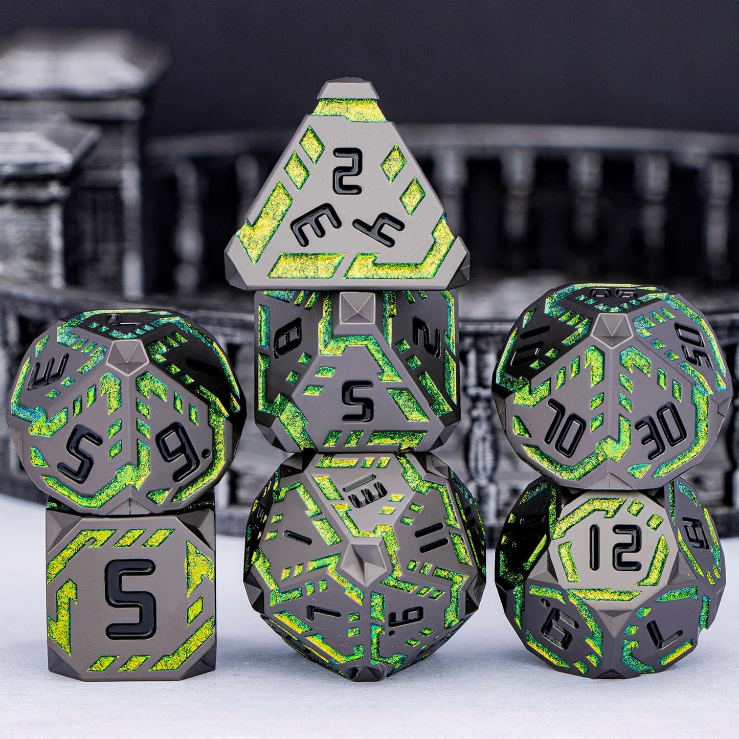 Metal DND Sci-fi Dice Set 7PCS Stripe Polyhedral Dice for Dungeons Dragons RPG Role Playing Game, Glitter D and D Dice with Gift Box D6 D8 D10 D12 D20 (Black&Green Yellow)