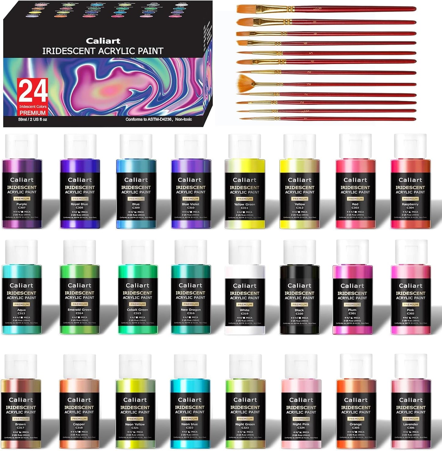 Caliart Iridescent Acrylic Paint with 12 Brushes, 24 Colors (59ml, 2oz) Art Craft Paints for Adults Artists Beginners Painters, Halloween Decorations Canvas Ceramic Wood Rock Painting Kit