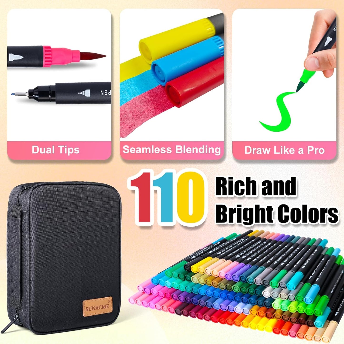 Art Supplier Dual Brush Markers Pens, 110 Artist Coloring Marker Set, Fineliner & Brush Tip Pen with Premium Case for Adults Coloring Books & Journal, Drawing, Doodlin