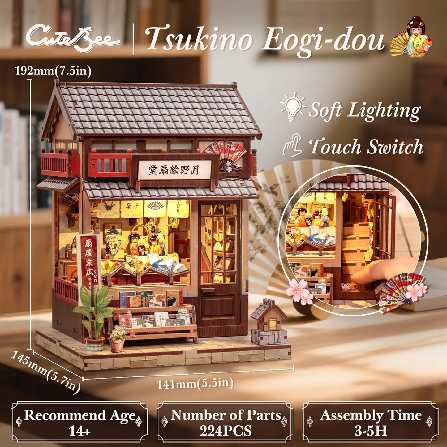 CUTEBEE Book Nook Kit - DIY Miniature House Japanese Fan Shop Dollhouse Kit for Adults and Teens, Booknook Tiny House Bookshelf Decor 3D Wooden Puzzle, Gifts for Family, Friends (Tsukino Eogi-dou)