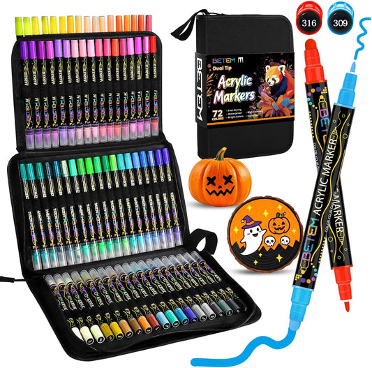 Betem Acrylic Paint Markers Pens, Dual Tip 72 Colors Premium Paint Pens Acrylic Markers for Wood, Fabric, Canvas, Stone, Rock Painting, Glass, Ceramic Surfaces, DIY Crafts Making Art Supplies with Bag