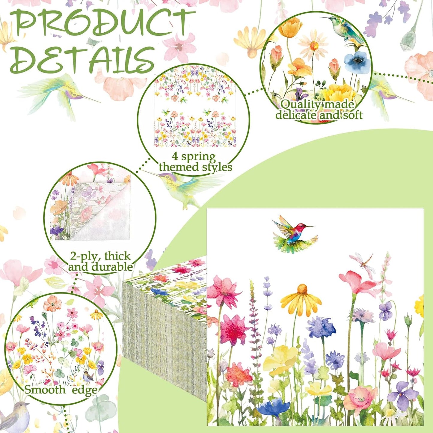 Fulmoon 200 Pieces Christmas Wildflower Cocktail Napkins Decoupage Disposable Fall Floral Dessert Paper Dinner Napkins Decorative Flower Hummingbird Beverage Towel for Xmas Party Favor Supplies