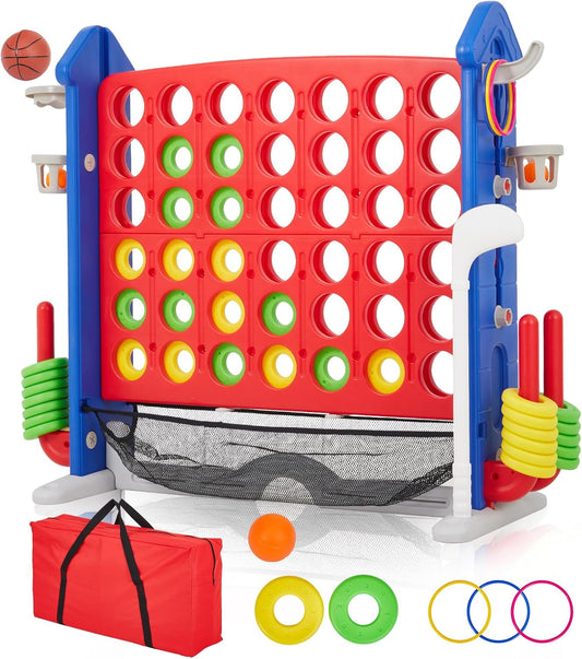 Giant 4 in a Row Game,Adjustable Height Board Jumbo 4-in-a-Row Game with Quick-Release Slider,Mini Basketball,Golf & Ring Toss Set for Family Party, Outdoor & Indoor