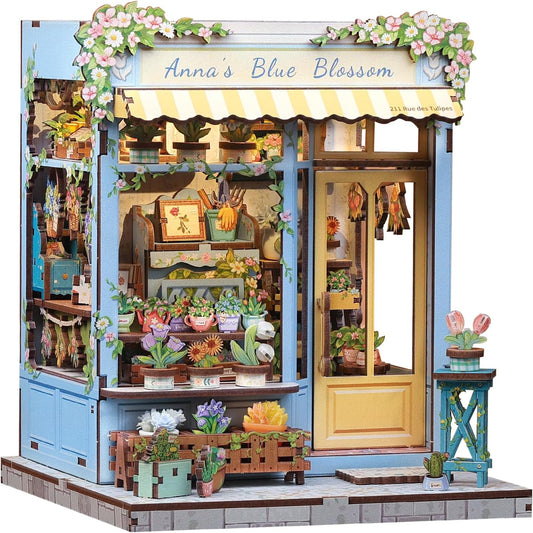 Fsolis Book Nook Kit - DIY Scene Miniature Dollhouse Kit for Adults, Bookshelf 3D Puzzles 255PCS, Tiny House Mini Flower Shop Model Booknook Craft, Gifts for Women Puzzle Lovers (Anna's Blue Blossom)