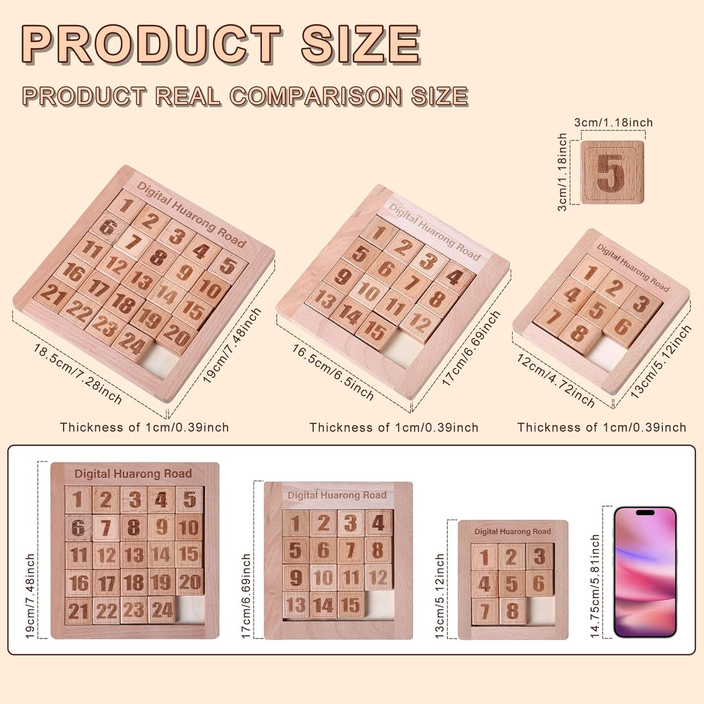 Wooden Number Sliding Puzzle，Brain Teasers Toy Tangram Slide Puzzle Game，Sequential Puzzles Board Game，Educational Toys for Kids and Adults (1-15 Medium Size)