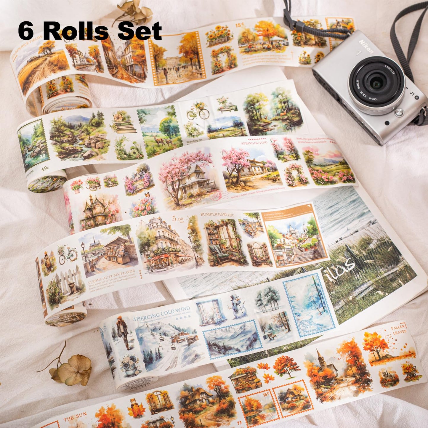 6 Rolls Seasonal Landscape Washi Tape Set, Nature-Inspired Stickers for Journaling, Scrapbooking, and DIY Crafts, with Decorative Clip