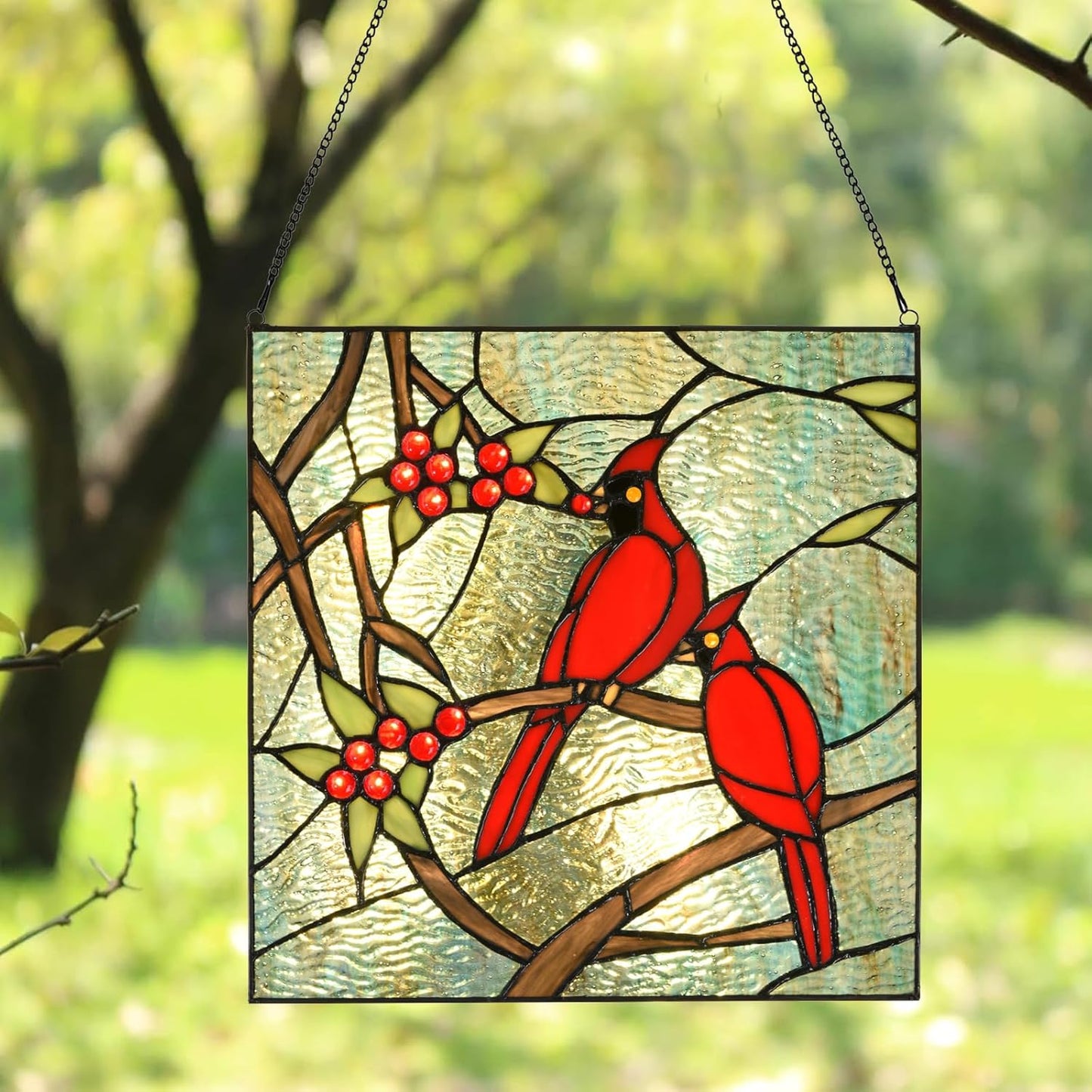 PA0008 Cardinal Stained Glass Window Panel- Tiffany Style Window Hanging- Red Bird Ornaments -12" Wx12 H Suncatcher- Wall Decorations for Home Office