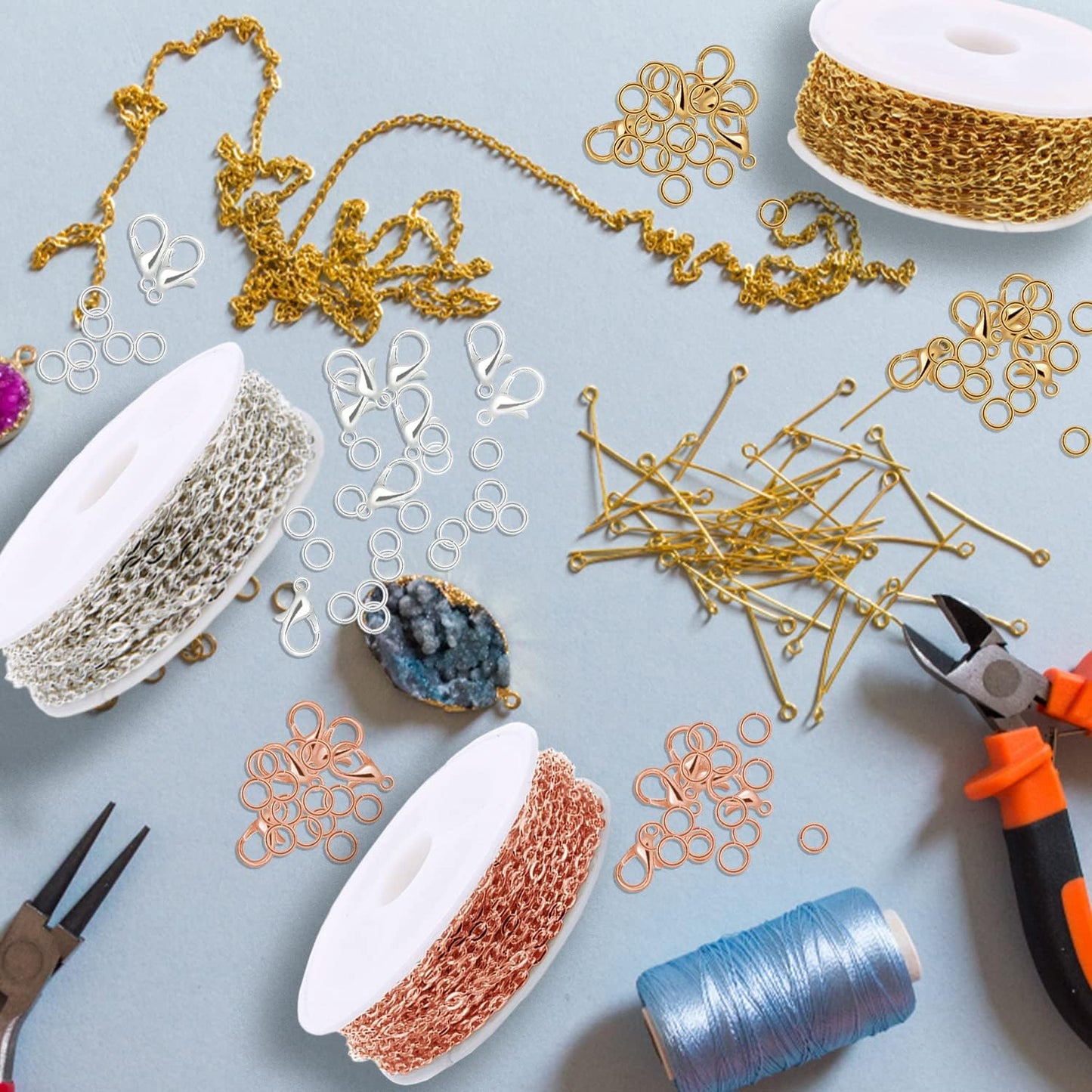 Jishi 30ft Jewelry Making Chains Bulk 2mm Necklace Chains, Jewelry Making Supplies, DIY Craft Earring Bracelet Making Findings, 3-Colors Gold Silver Rose Gold Plated Metal Rolo Cable Link Chain Rolls