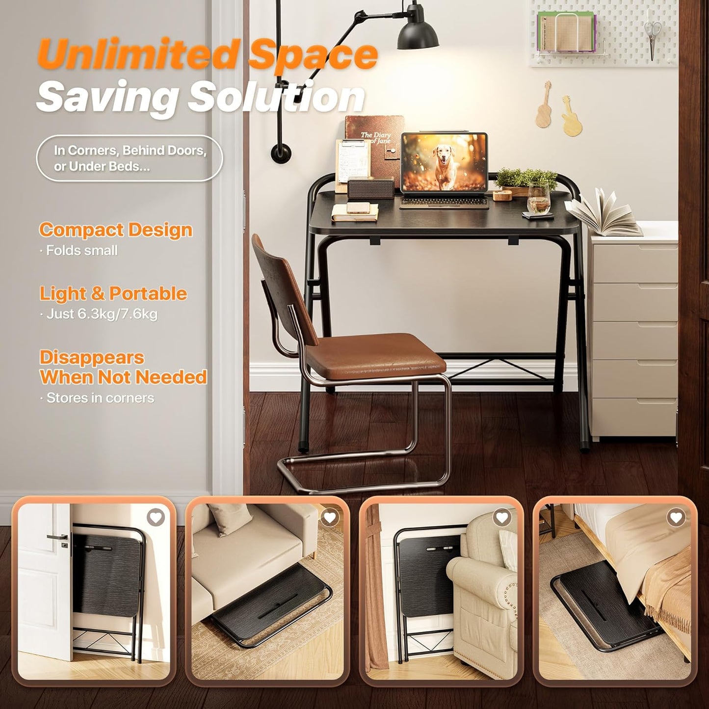 Huuger Folding Desk with 3-Level Adjustable Height and Tablet Slot, 24 Inch Foldable Computer Desk for Small Spaces, Space Saving, Study Writing Work Table for Home Office, Bedroom, Study, Black