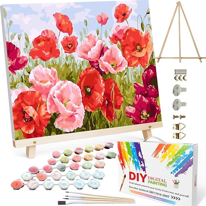 BAISITE Paint by Numbers Kit for Adults Beginners,20" Wx16 L Canvas for Painting Kits for Adults in Colorful Box Poppy Flowers-BSC001-Already Stretched on a Wooden Frame