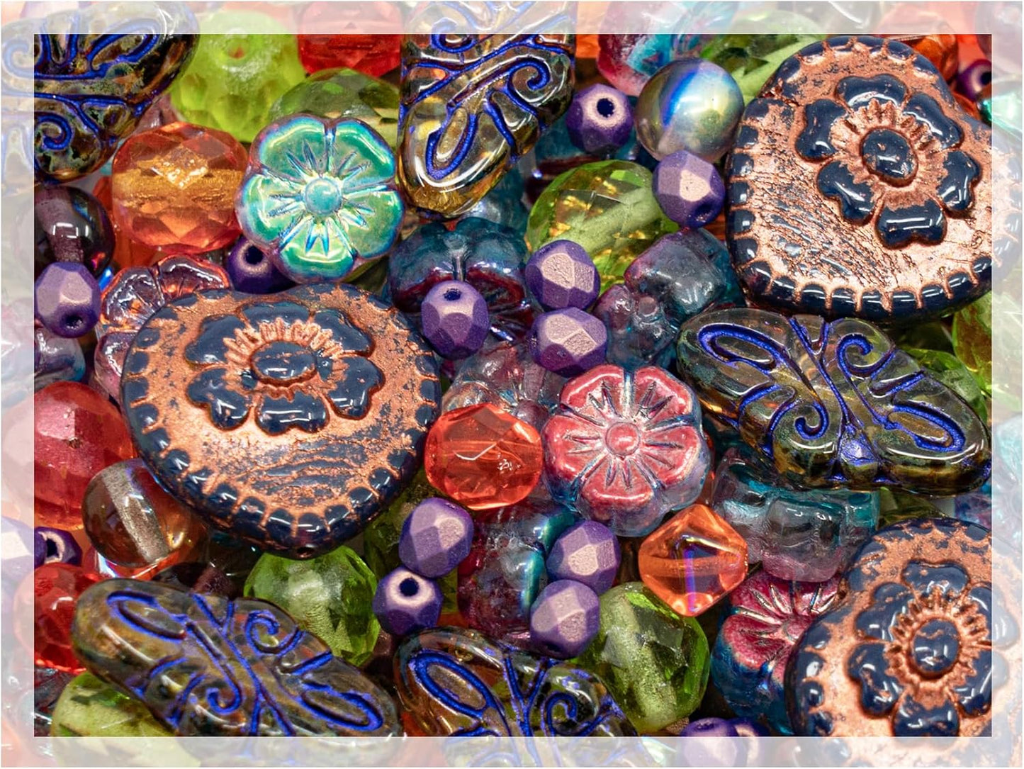 2.1oz (60 g) Mix of Unique Czech Bohemia Glass Pressed Beads, Crazy Purple Green Copper, Table Cut, Matte and Glossy, Faceted Fire Polish, Hand Made Set Kit BCV