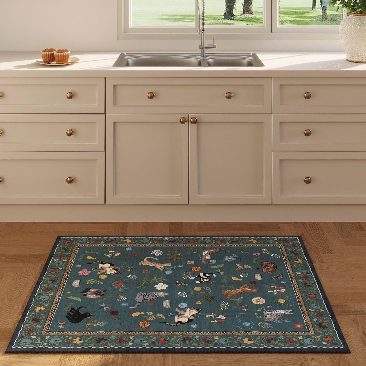 Rugcomf Door Mat Indoor Entrance 2x3 Rug Machine Washable Boho Floral Animal Cat Small Area Rug Non-Slip Low Pile Throw Rugs for Entryway Kitchen Front Door Indoor Entry Kids Room, Pearl Gentian Blue