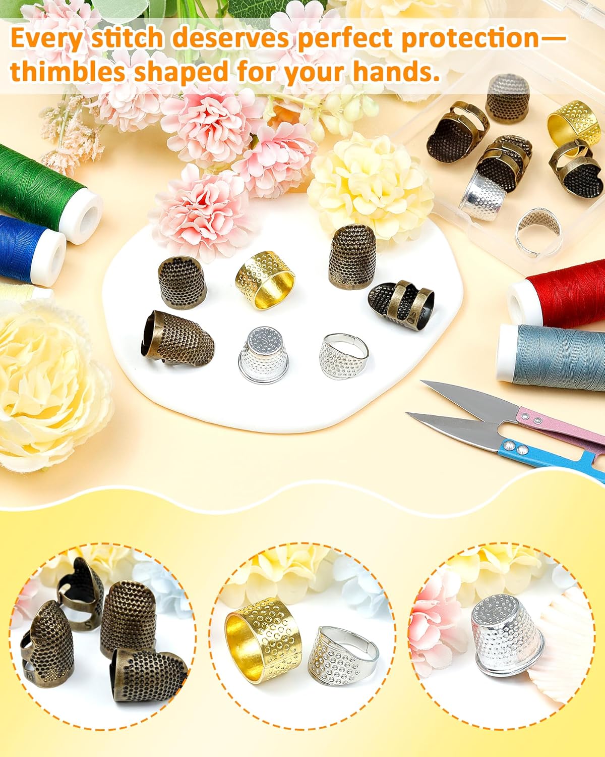 FIVEIZERO Thimble Kit– 7 PCS Sewing Thimbles for Hand Sewing, Metal Finger Protectors, Thimble Ring for Quilting and Embroidery