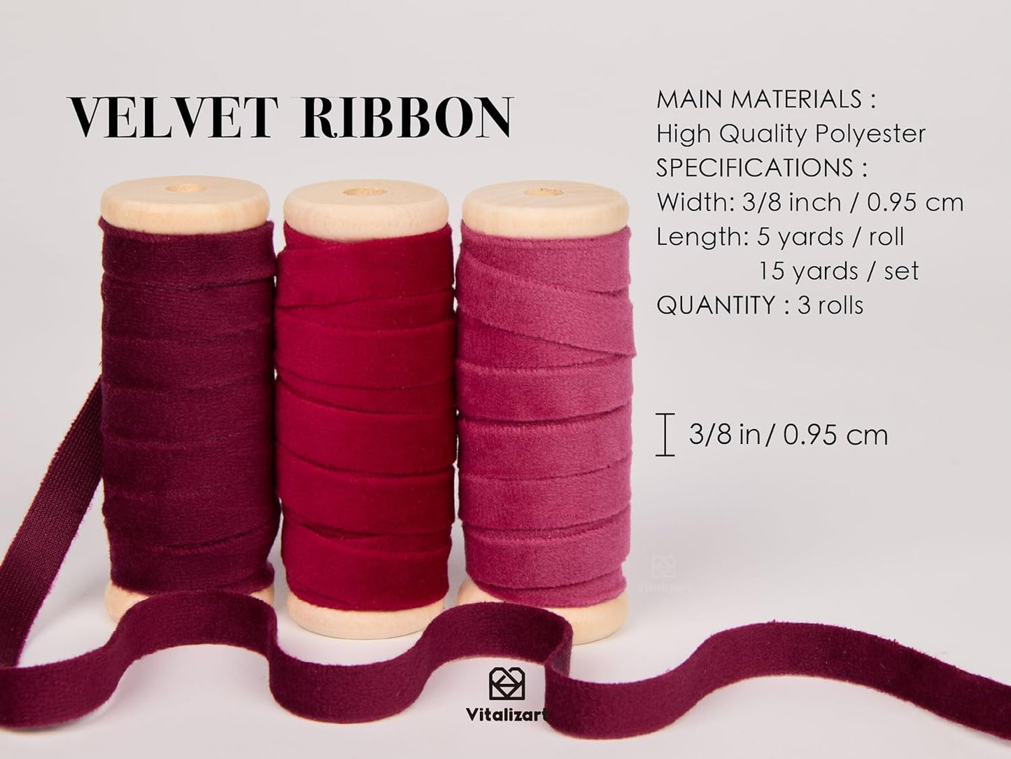 Vitalizart Red Velvet Ribbon Set 3/8" x 15 Yd Burgundy Fabric Trim 3 Rolls * 5 Yd for Christmas Wreath Decoration Handmade Craft Ornaments Gift Wrapping & Bow Making