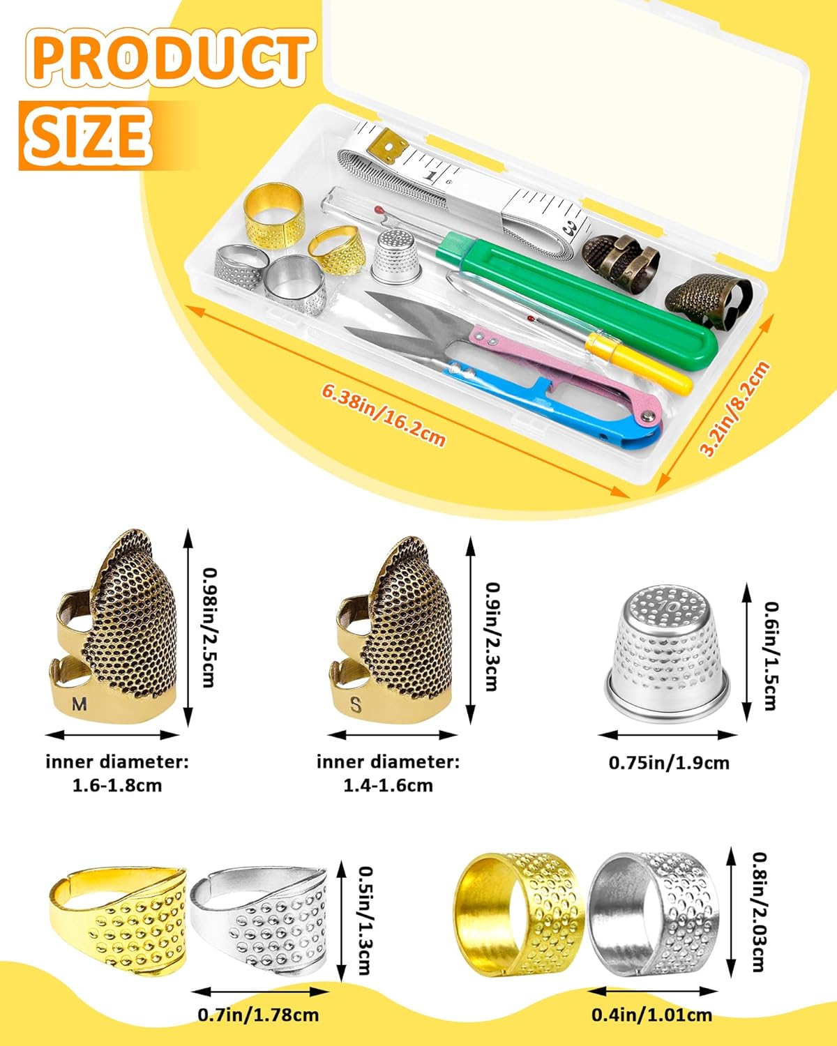 FIVEIZERO Thimble Kit– Sewing Thimbles for Hand Sewing, Metal Finger Protectors, Thimble Ring for Quilting and Embroidery, Includes Seam Ripper, Measuring Tape and Thread Snips