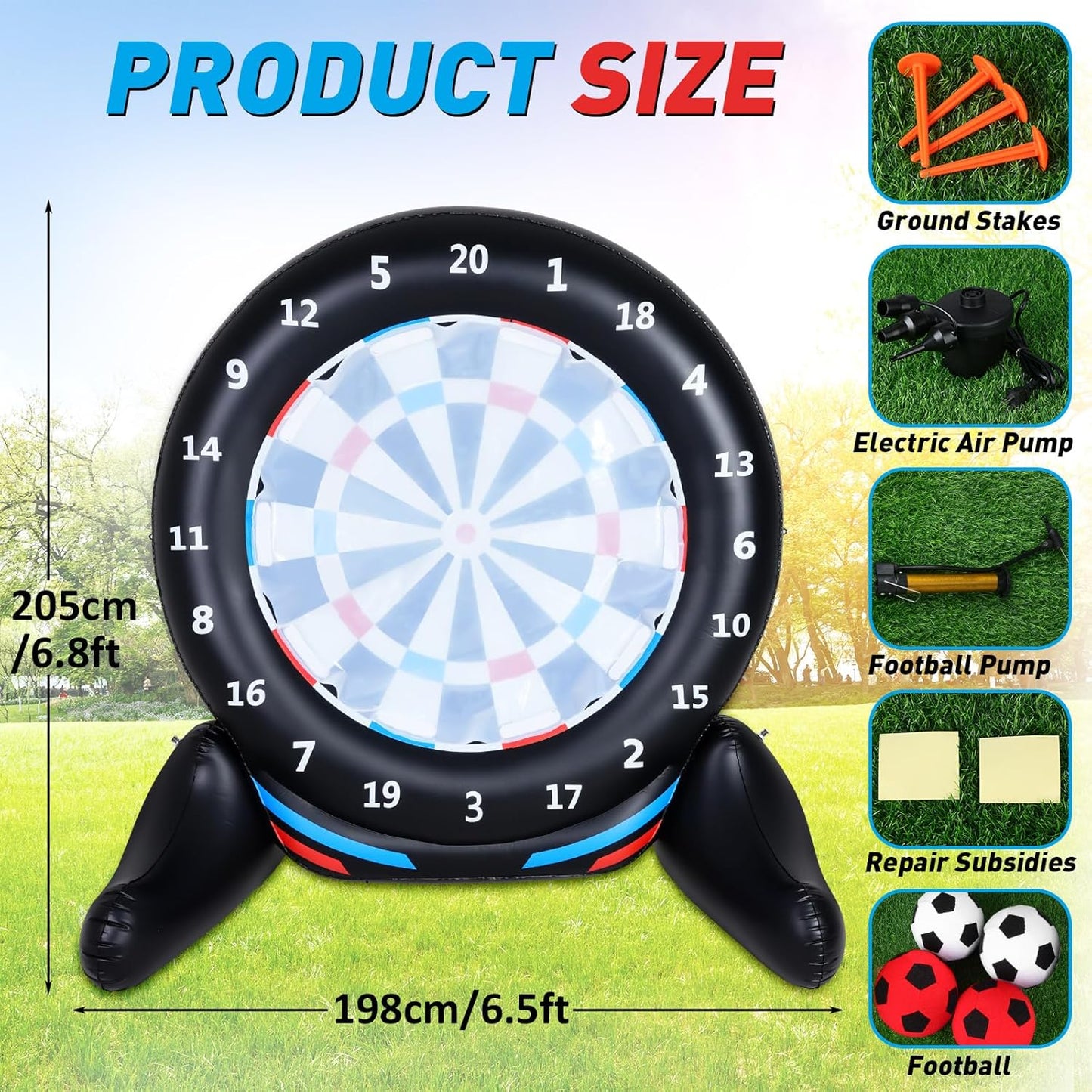 Inflatable Giant Kick Darts Games (Over 6ft Tall), Jumbo Outdoor Soccer Target Dartboard with Soccer Balls and Air Pump, Large Kick Game Carnival Games for Yard Family Kids Adults (Black)
