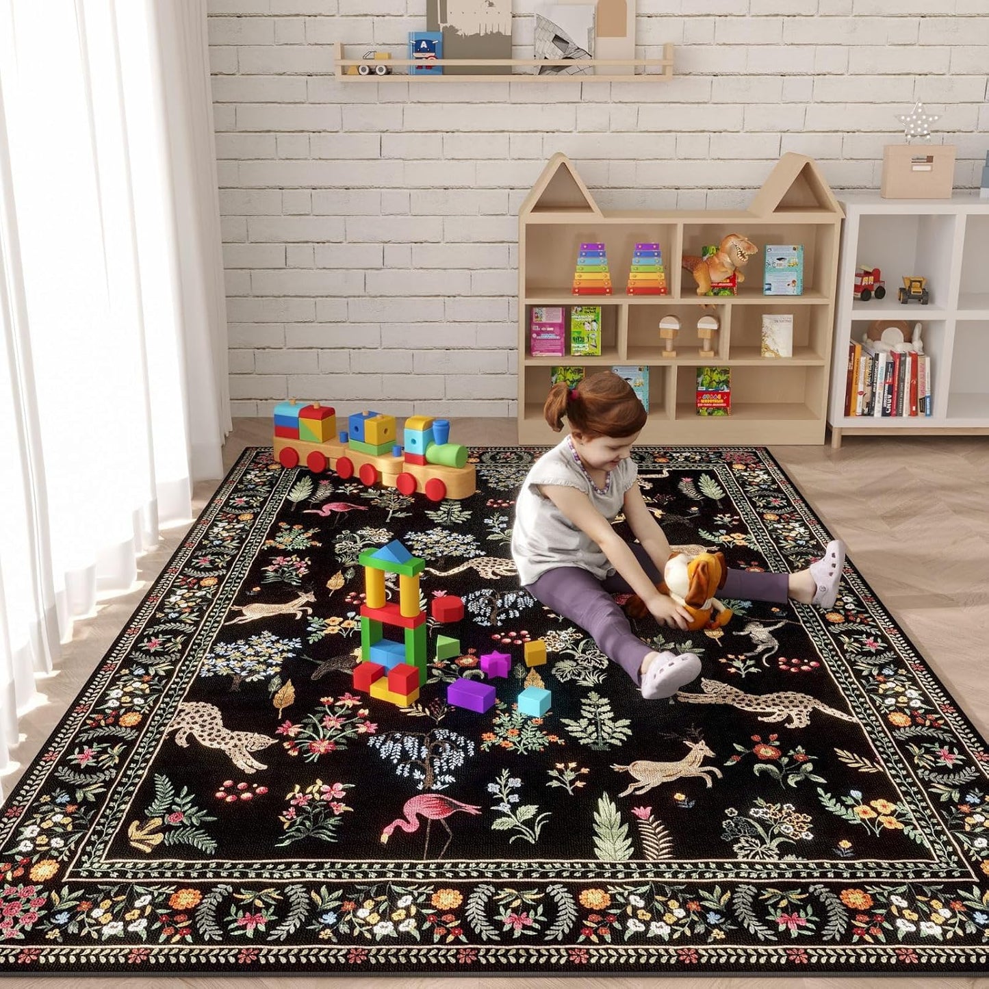 Rugcomf Living Room Rug 5x7 Rug Machine Washable Boho Area Rug Non Slip Floral Animal Vintage Low Pile Large Rugs for Living Room, Bedroom, Farmhouse, Dining Room, Kids Playroom (Black)