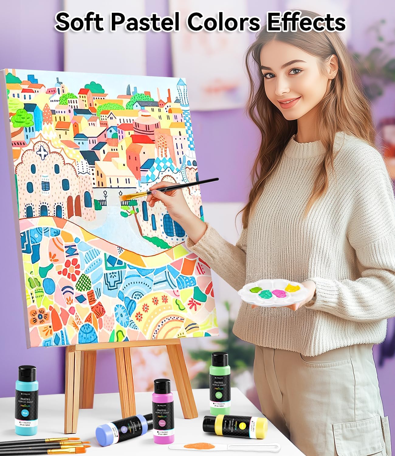 40 PCS Pastel Acrylic Paint Set with 12 Brushes, 2 Knives & Palette, 24 Colors (2oz/60ml) Art Craft Paint for Adults Kids Artists Beginners, Halloween Pumpkin Canvas Ceramic Rock Painting Kit