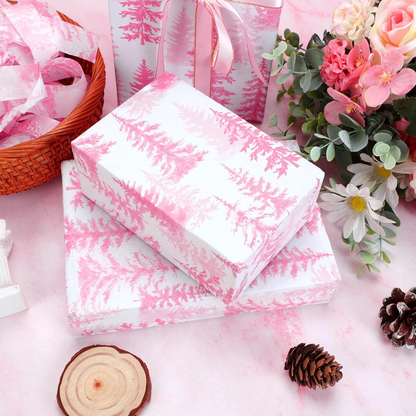 100 Sheets Christmas Tree Tissue Paper, 20x14in Forest Style Wrapping Tissue Watercolor Xmas Tree Art Tissue for Xmas Party Gift Bag Fillers Winter Party Decor (Pink)