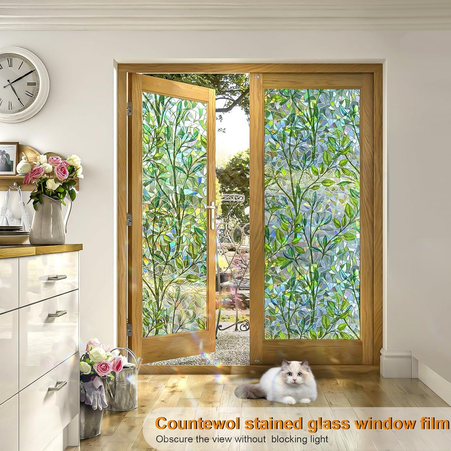 Window Privacy Film Stain Glass Window Film Rainbow Window Film Window clings Non-Adhesive Reusable Decorative for Room (Leaf Rainbow, 35.4 x 78.7 in)