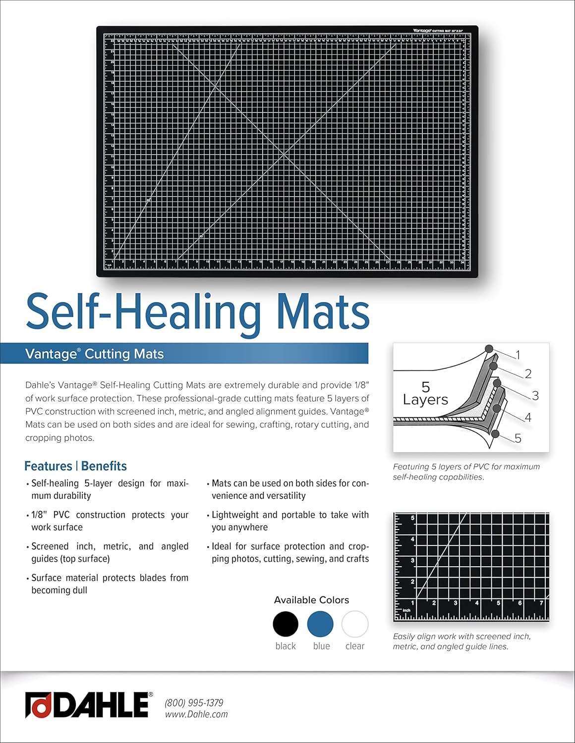 Dahle Vantage 10681 See-Through Premium Self-Healing Cutting Mat, 12"x18", 1/2" Grid, 5 Layers for Max Healing, Perfect for Crafts & Sewing, Clear