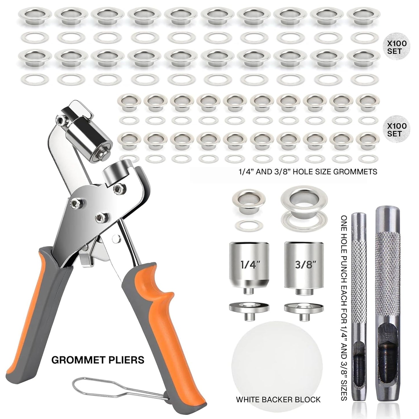 CRAFTMEMORE Grommet Tool Kit with 200 Silver Grommets, 3/8 and 1/4 inch Double Head Pliers, for Tarps, Fabric Rings, Leather, Tents, Vinyl, Canvas