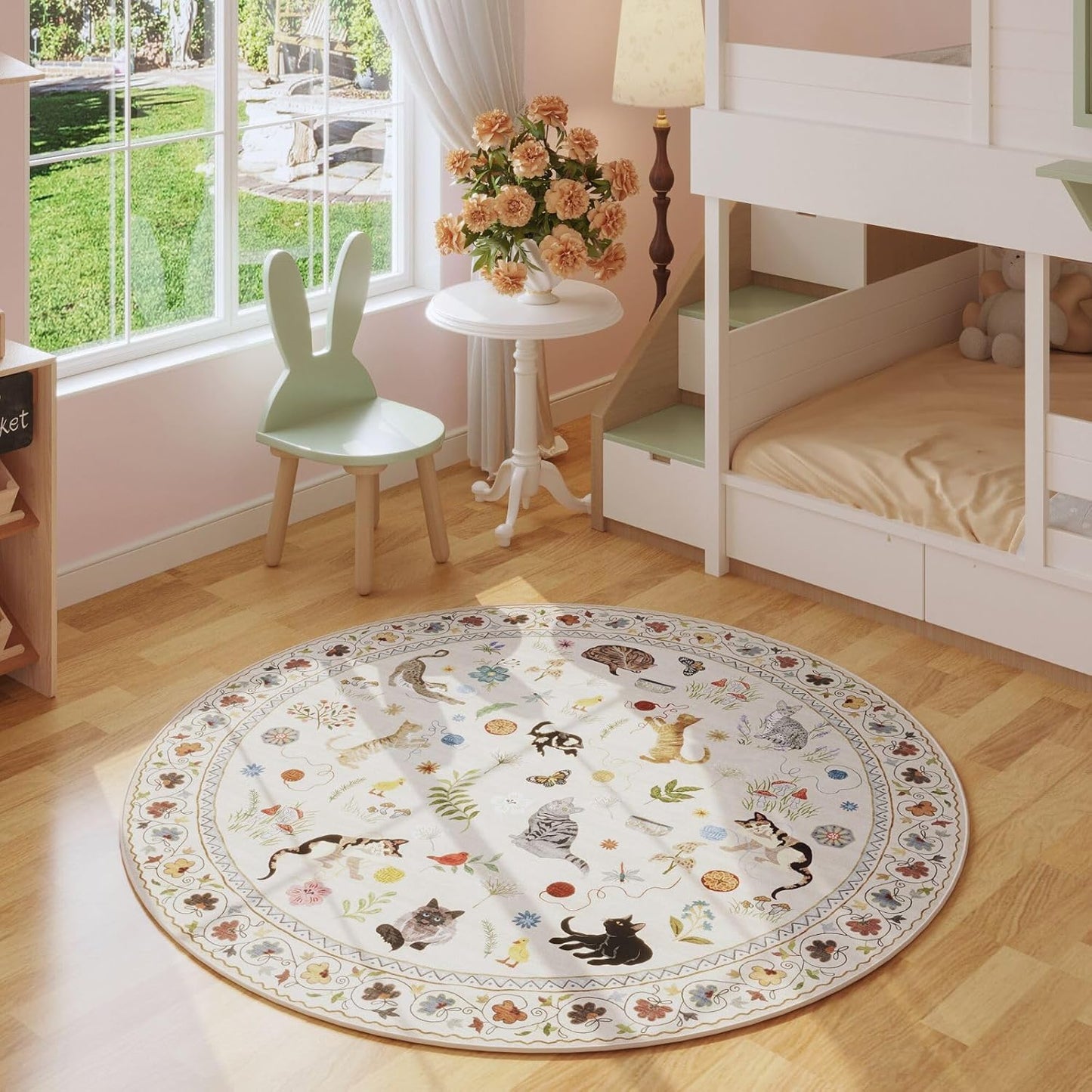 Rugcomf Round Rug 4ft Washable Circle Rug Non Slip Low Pile Boho Floral Animal Cat Small Circular Rug for Bedroom Bathroom Entryway Kids Room Office College Dorm, Beige