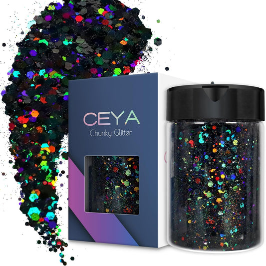 Ceya Holographic Chunky Glitter, 4.9oz/ 140g Black Craft Glitter Powder Mixed Chunky Fine Flakes Iridescent Nail Sequins for Nail Art, Hair, Epoxy Resin, Tumblers, Slime, Painting, Festival Decor