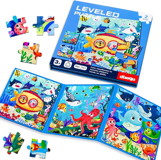 Magnetic Puzzles for Kids Ages 3-5, 3 in 1 Ocean World Toddlers Magnet Jigsaw Puzzle Book, Kids Travel Puzzles Toys, Preschool Learning Toy for Kids 3-8 Year (Ocean World)