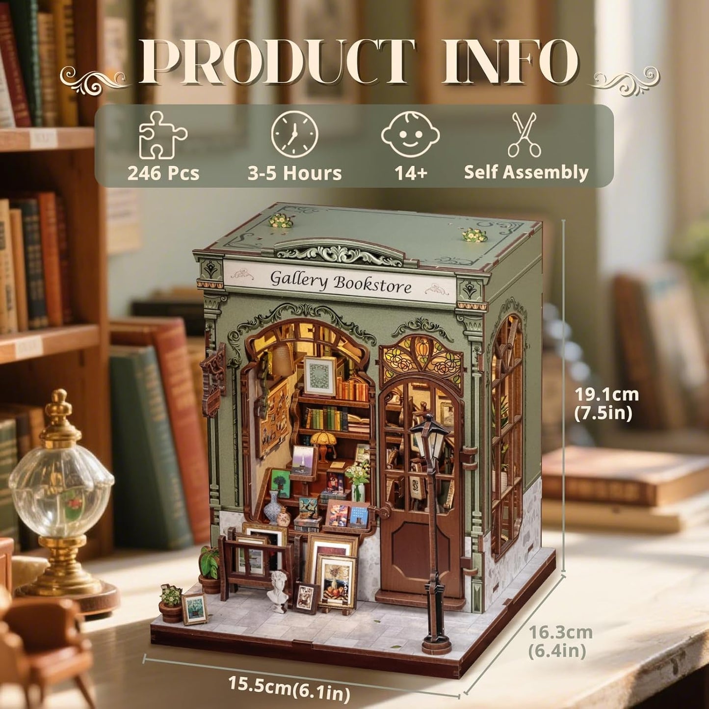 Cutefun Book Nook Kit - DIY Miniature Dollhouse Kit for Adults and Teens, 3D Wooden Puzzle Library Mini House Building Kit with LED Bookshelf Insert Decor Creative Gifts (Gallery Bookstore)