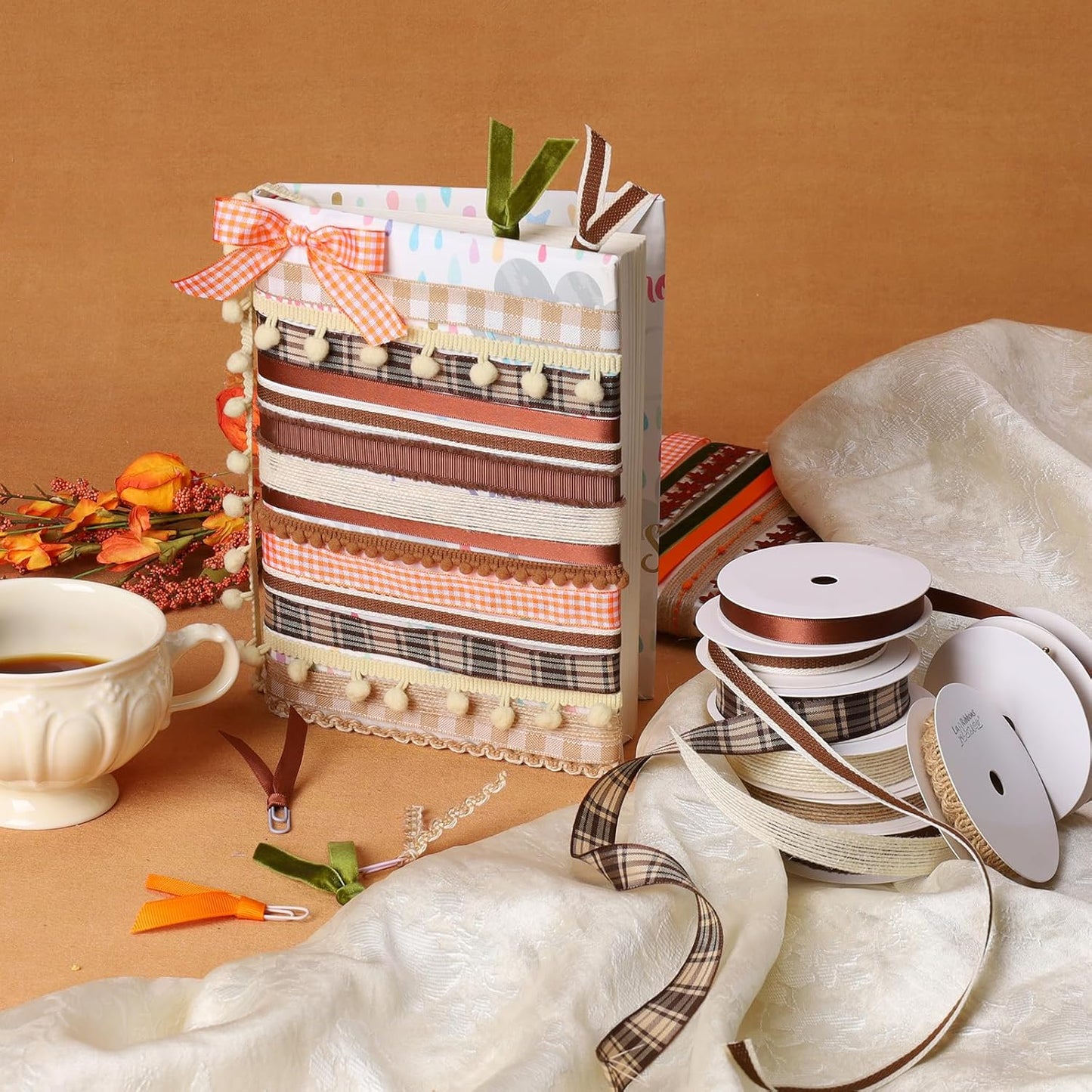 LaRibbons Natural Brown Ribbons for Crafts 10 Rolls 45 Yards TTL Thin Ribbon for Sewing Gift Wrapping Home Decor